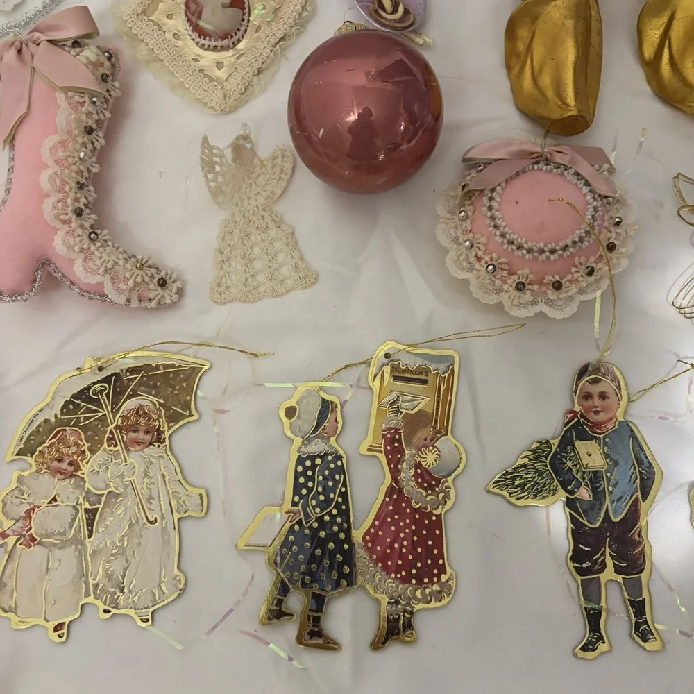 Lot Of 16 Victorian Cottage Christmas Ornaments Chic Shabby Pink core Gold